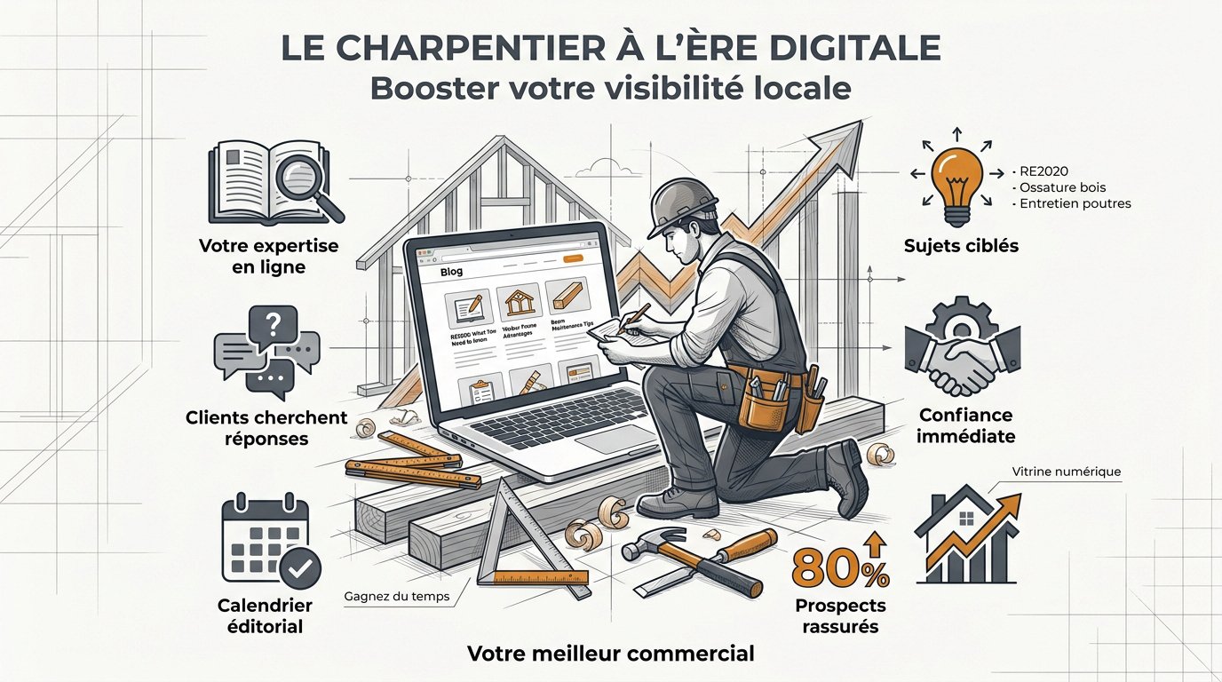 Charpentier utilisant une tablette numérique sur un chantier pour sa visibilité locale